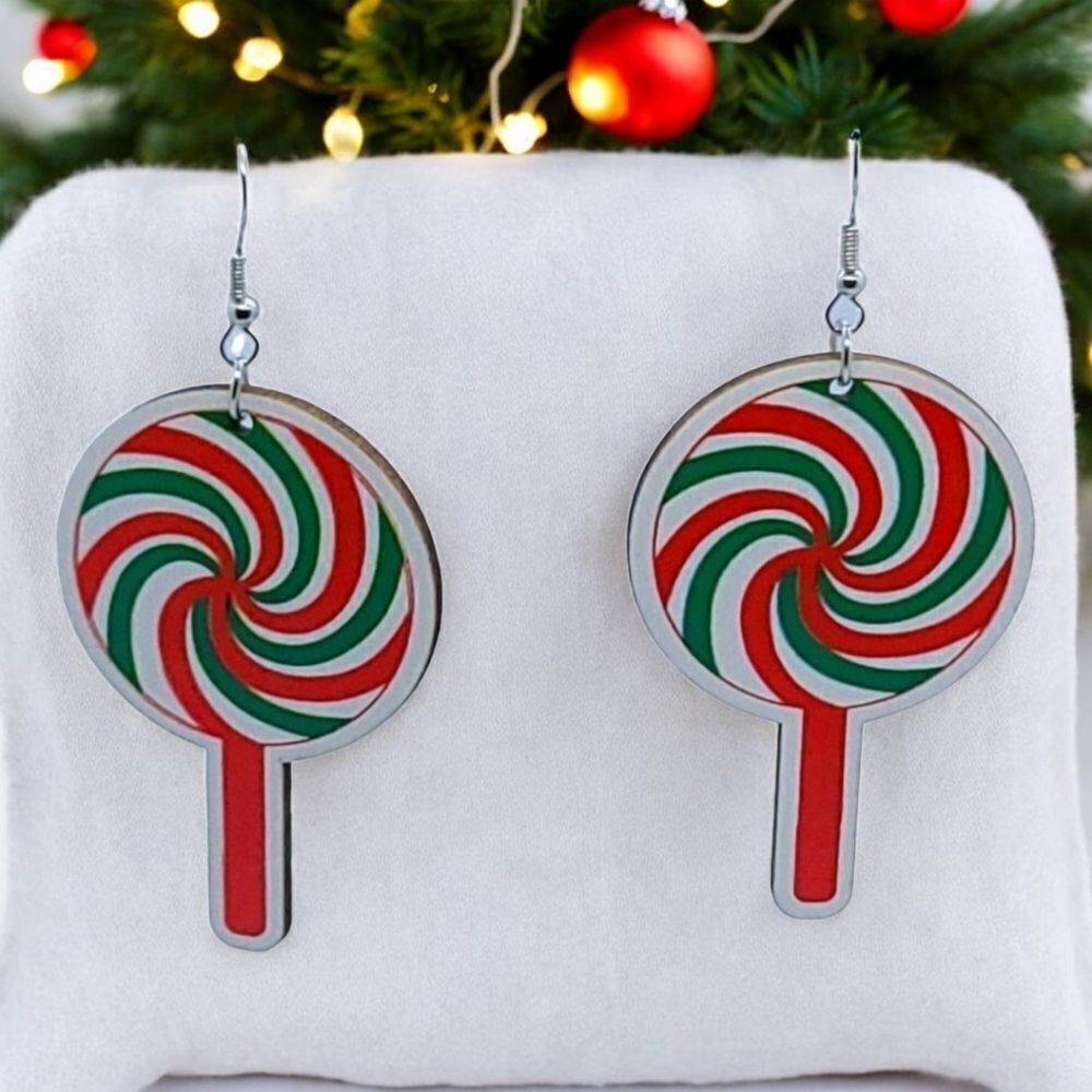 Holiday Earrings 🎄Lollipop Candy Cane 🍭 Christmas Wooden Dangle Drop Jewelry